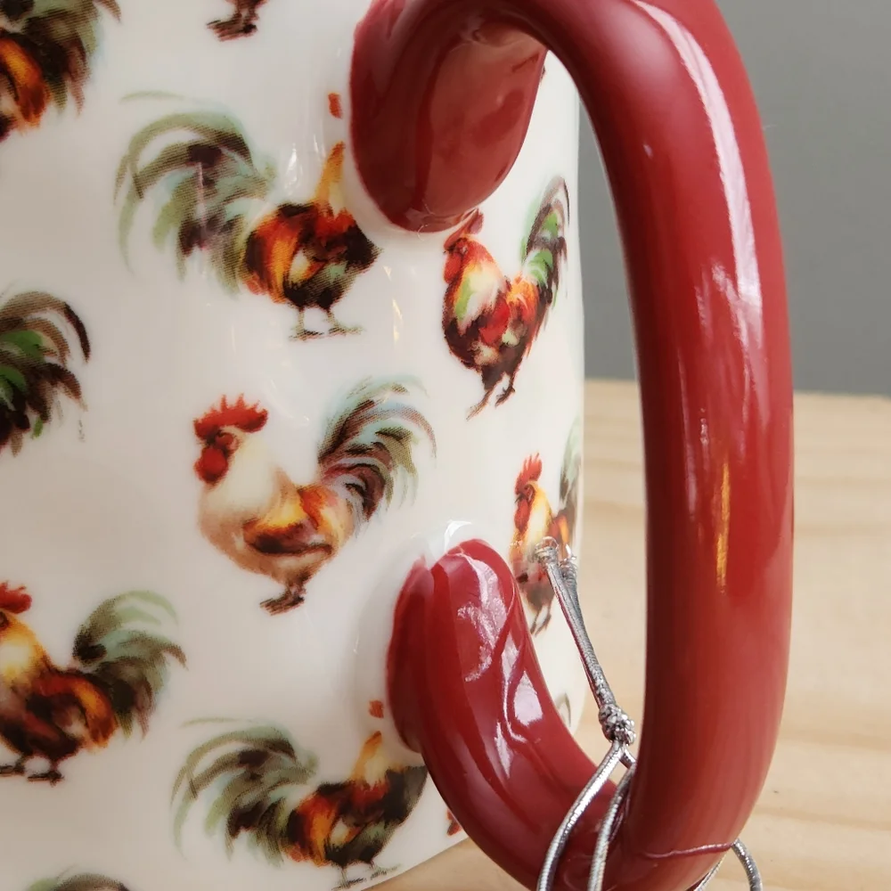 Rooster Patterned Ceramic Mug with Red Handle NWT Cottagecore, Farm, Homestead - Picture 15 of 15